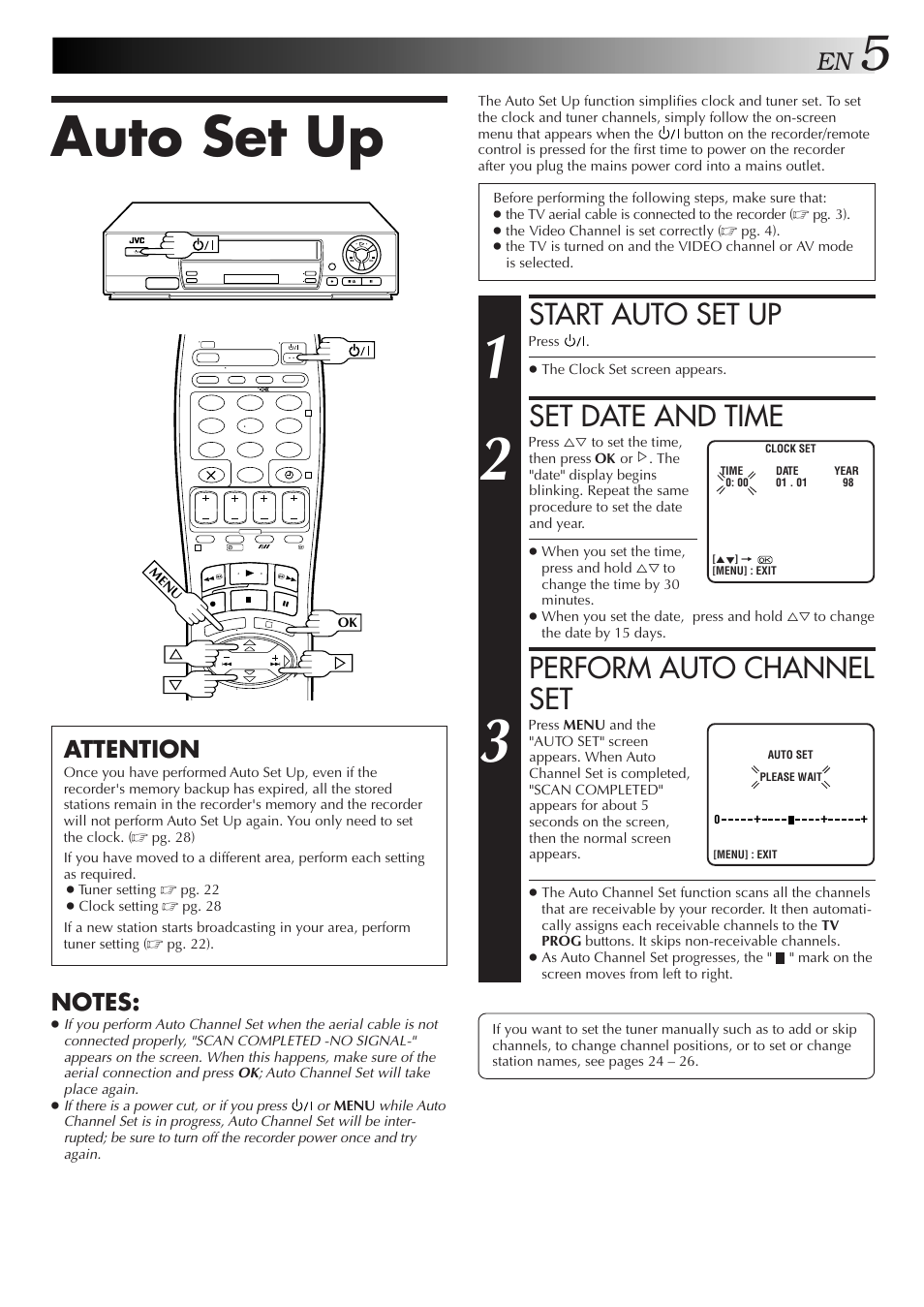 Auto set up, Start auto set up, Set date and time | Perform auto channel set, Attention | JVC HR-J250E User Manual | Page 5 / 36