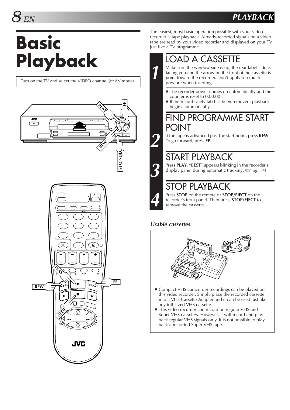 Basic playback, Load a cassette, Find programme start point | Start playback, Stop playback, Playback | JVC HR-J250E User Manual | Page 8 / 36