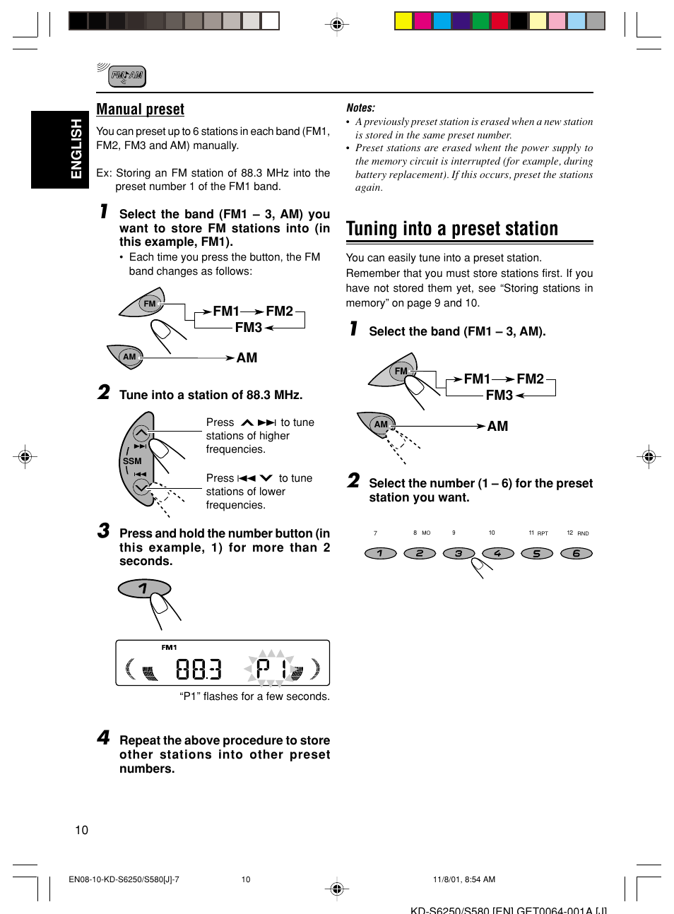 Tuning into a preset station, Manual preset, English | Fm1 fm2 fm3 am | JVC Model KD-S580J User Manual | Page 10 / 27