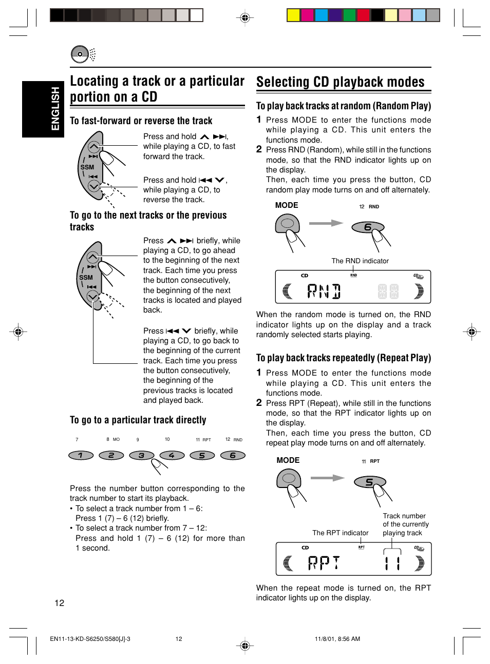 Locating a track or a particular portion on a cd, Selecting cd playback modes, English | JVC Model KD-S580J User Manual | Page 12 / 27