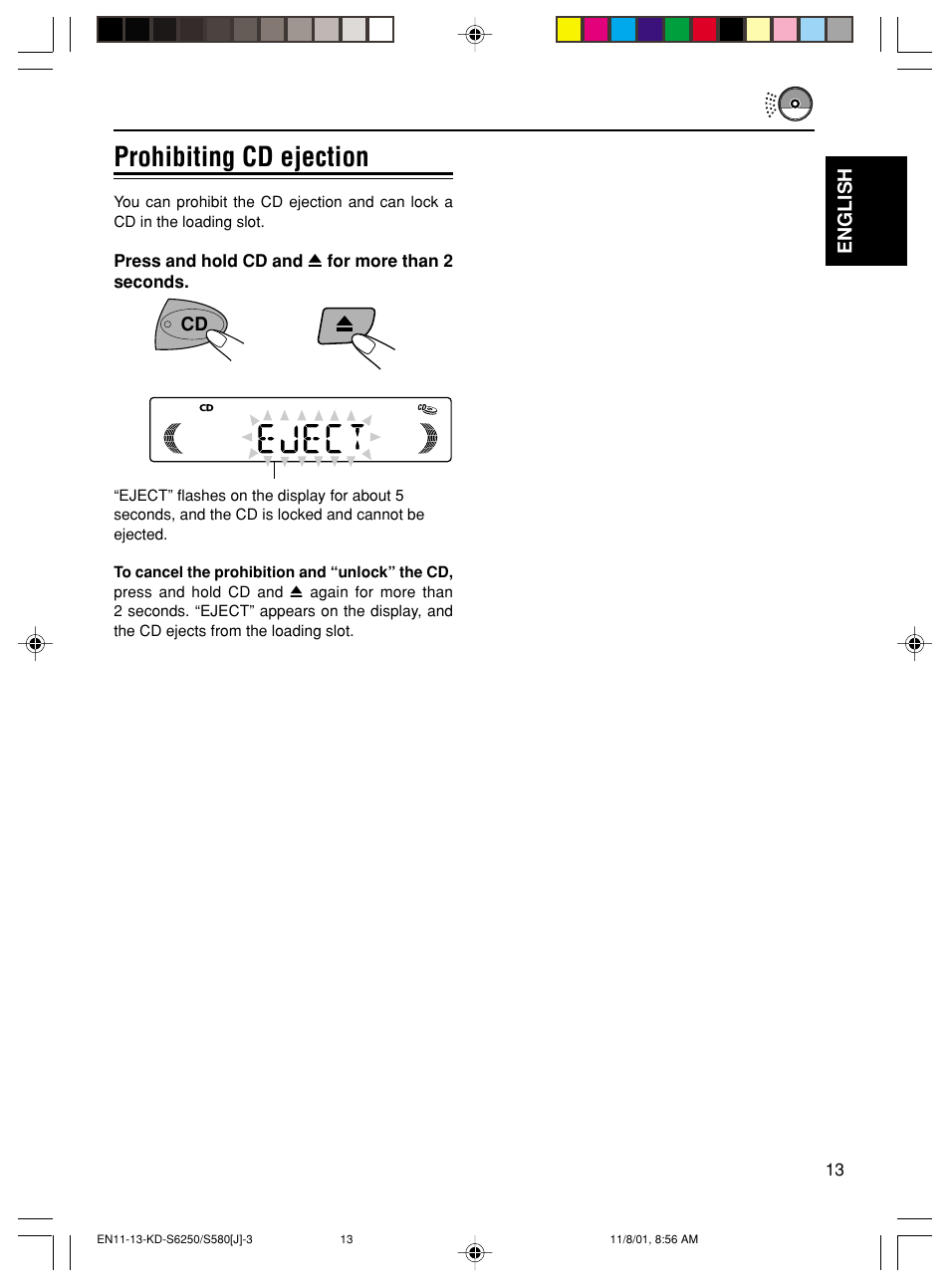 Prohibiting cd ejection | JVC Model KD-S580J User Manual | Page 13 / 27