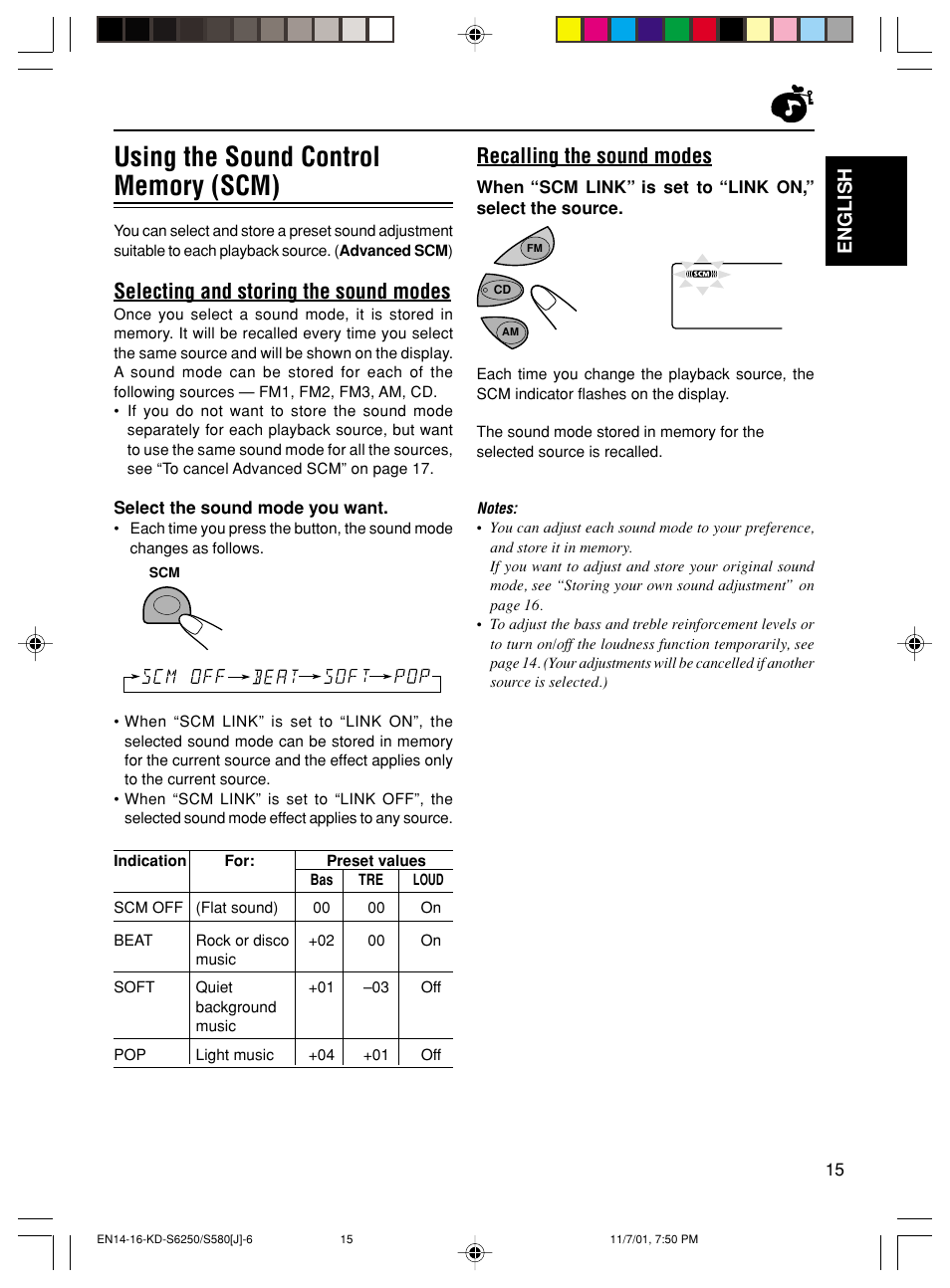 Recalling the sound modes, Selecting and storing the sound modes, English | JVC Model KD-S580J User Manual | Page 15 / 27