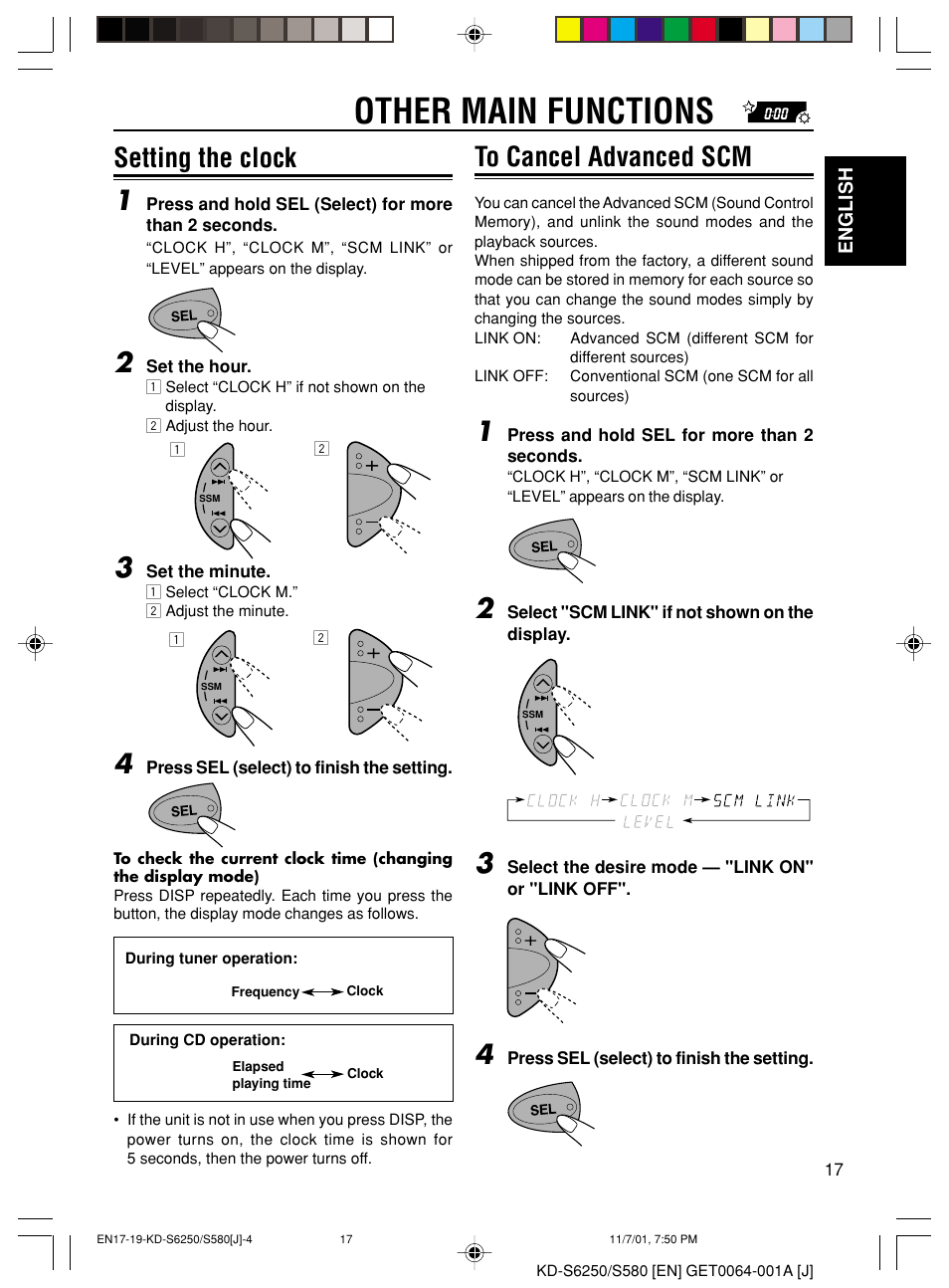 Other main functions, Setting the clock 1 | JVC Model KD-S580J User Manual | Page 17 / 27