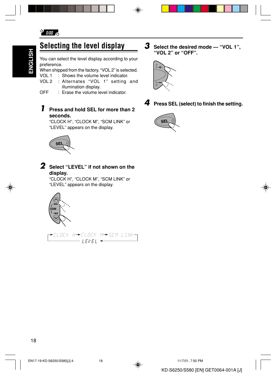 Selecting the level display | JVC Model KD-S580J User Manual | Page 18 / 27