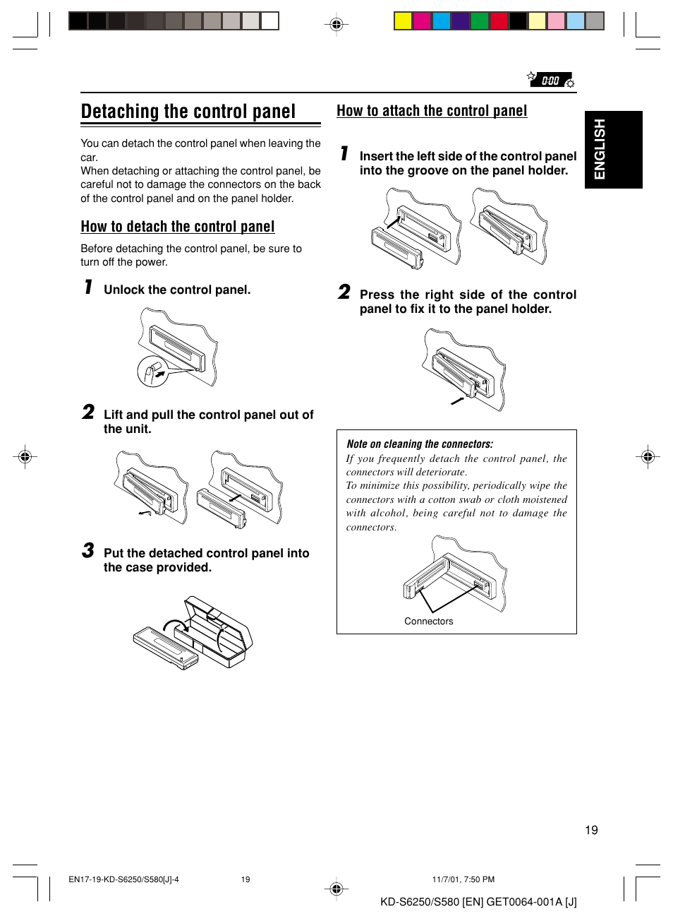 Detaching the control panel | JVC Model KD-S580J User Manual | Page 19 / 27