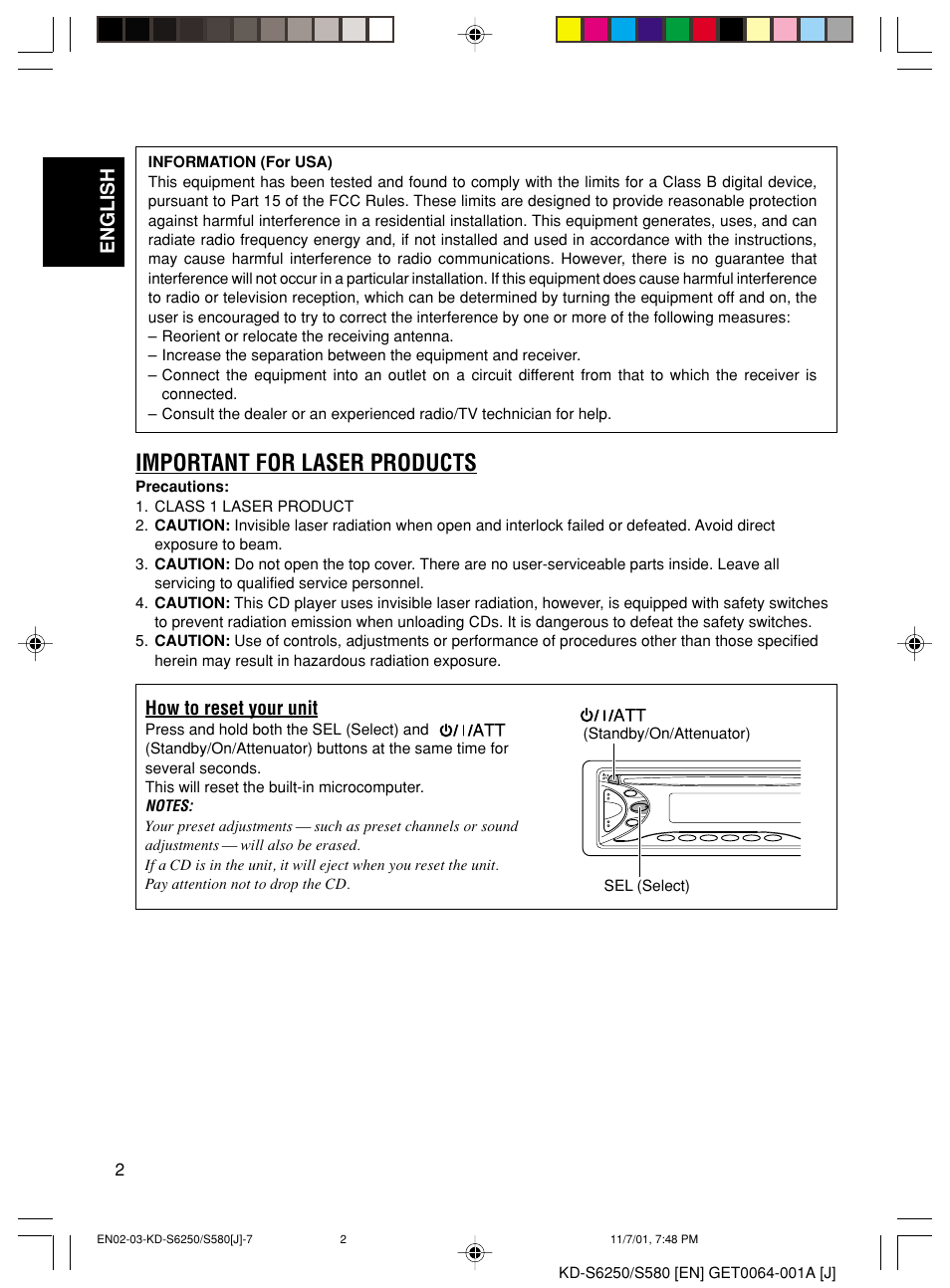Important for laser products, English, How to reset your unit | JVC Model KD-S580J User Manual | Page 2 / 27
