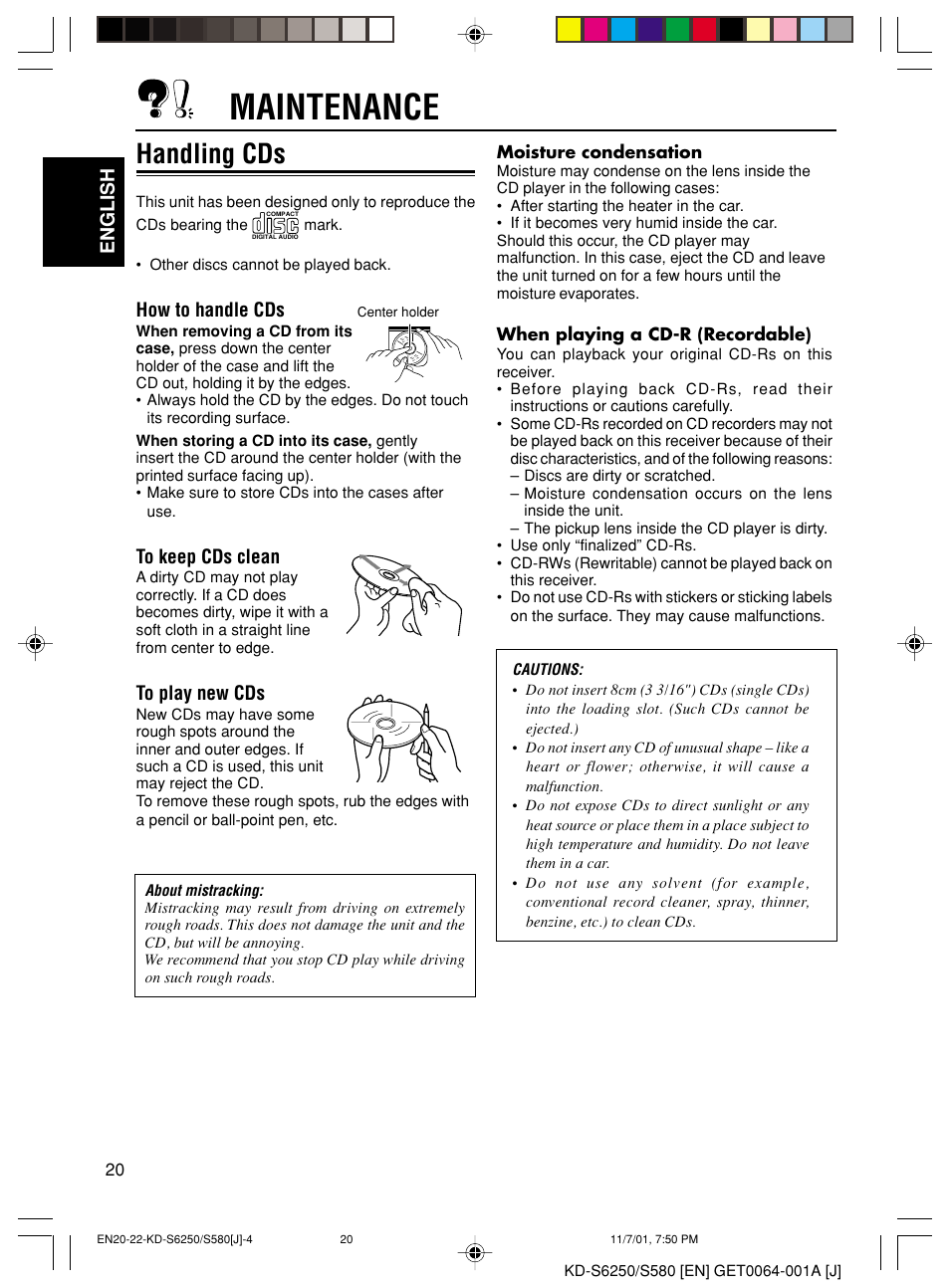 Maintenance, Handling cds, English | How to handle cds | JVC Model KD-S580J User Manual | Page 20 / 27
