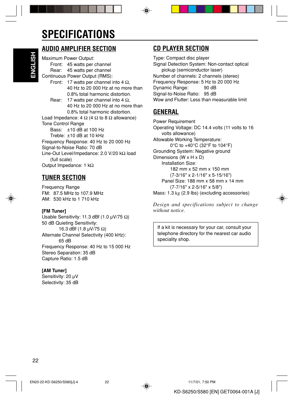 Specifications, General | JVC Model KD-S580J User Manual | Page 22 / 27