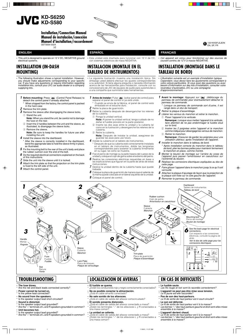 Installation (in-dash mounting), Troubleshooting, Installation (montage dans le tableau de bord) | Localizacion de averias, En cas de difficultés | JVC Model KD-S580J User Manual | Page 24 / 27