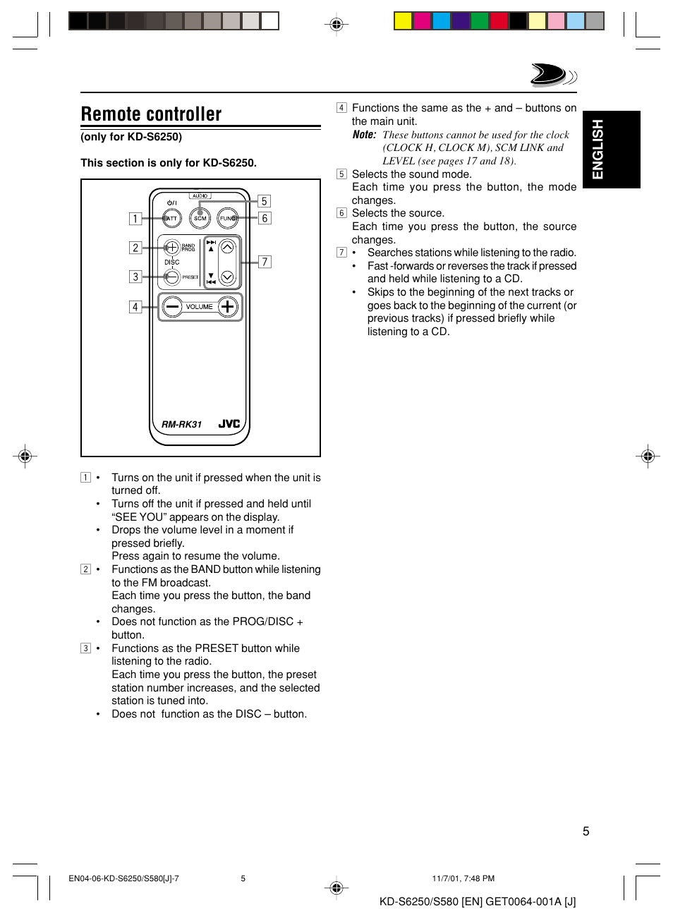 Remote controller | JVC Model KD-S580J User Manual | Page 5 / 27