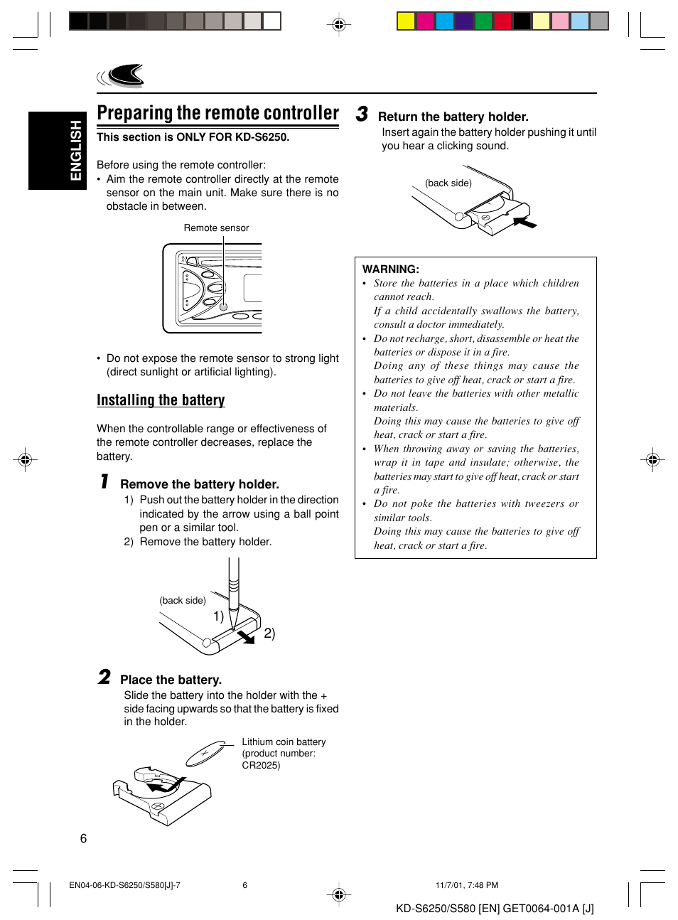 Preparing the remote controller, Installing the battery | JVC Model KD-S580J User Manual | Page 6 / 27