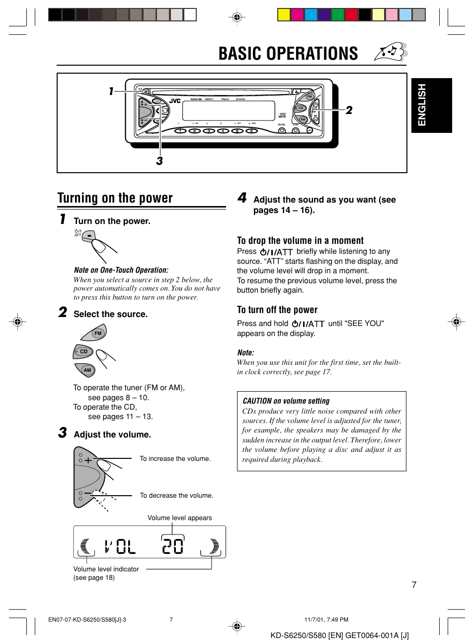 Basic operations, Turning on the power 1, English | JVC Model KD-S580J User Manual | Page 7 / 27