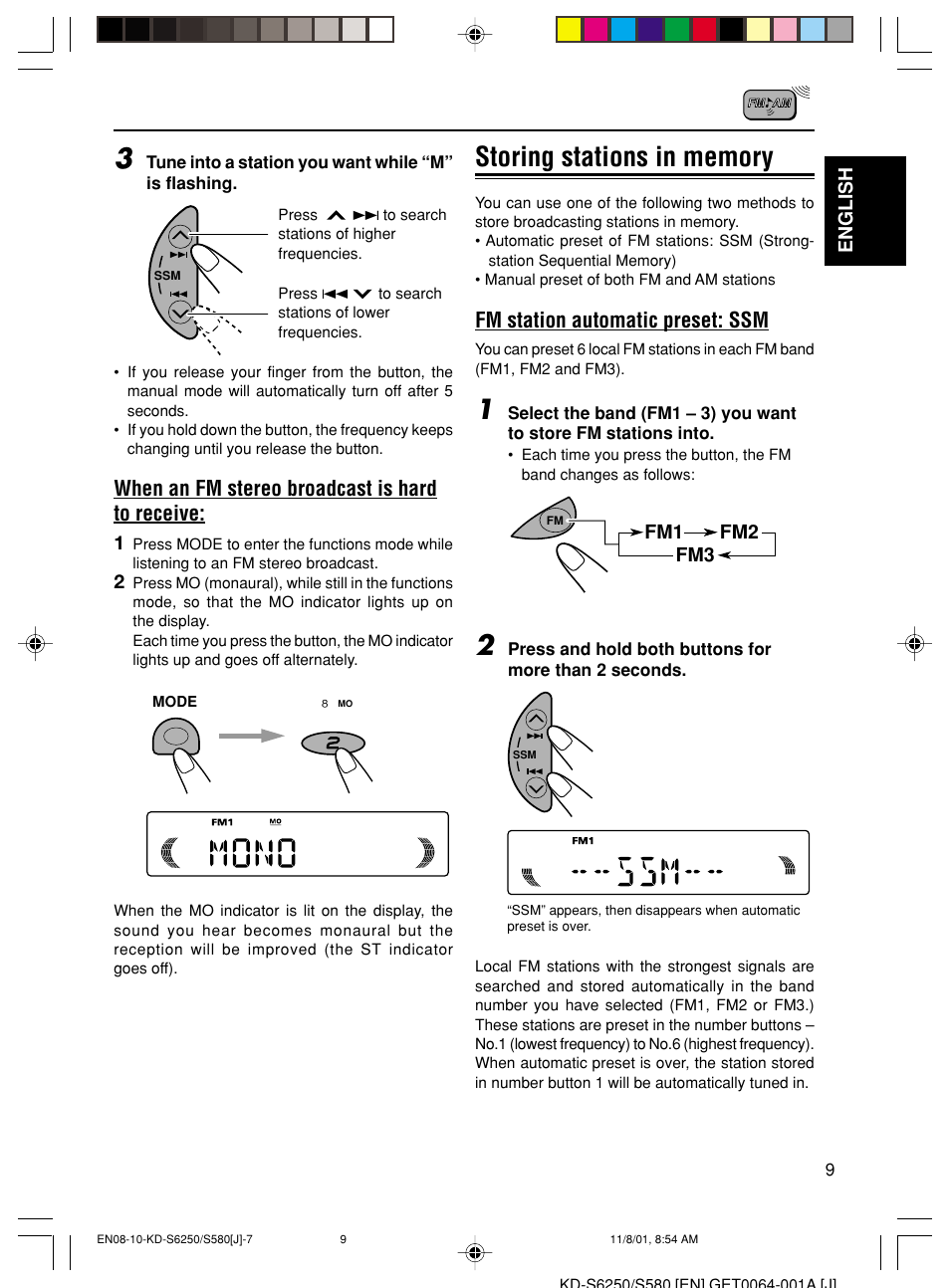 When an fm stereo broadcast is hard to receive, Fm station automatic preset: ssm | JVC Model KD-S580J User Manual | Page 9 / 27