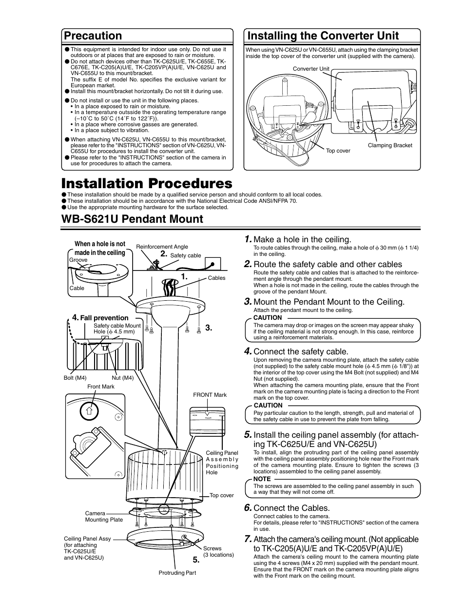 Installation procedures, Precaution, Installing the converter unit | Wb-s621u pendant mount | JVC WB-S621U User Manual | Page 2 / 4