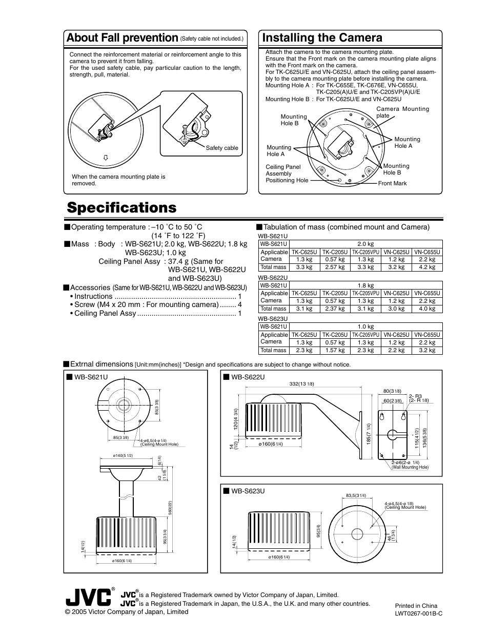 Specifications, About fall prevention installing the camera | JVC WB-S621U User Manual | Page 4 / 4