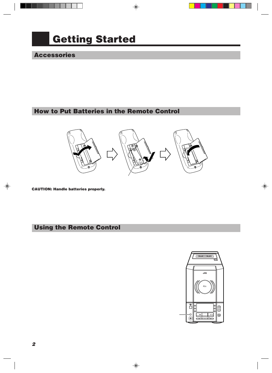 Getting started, Accessories, How to put batteries in the remote control | Using the remote control | JVC SP-UXV100 User Manual | Page 6 / 27