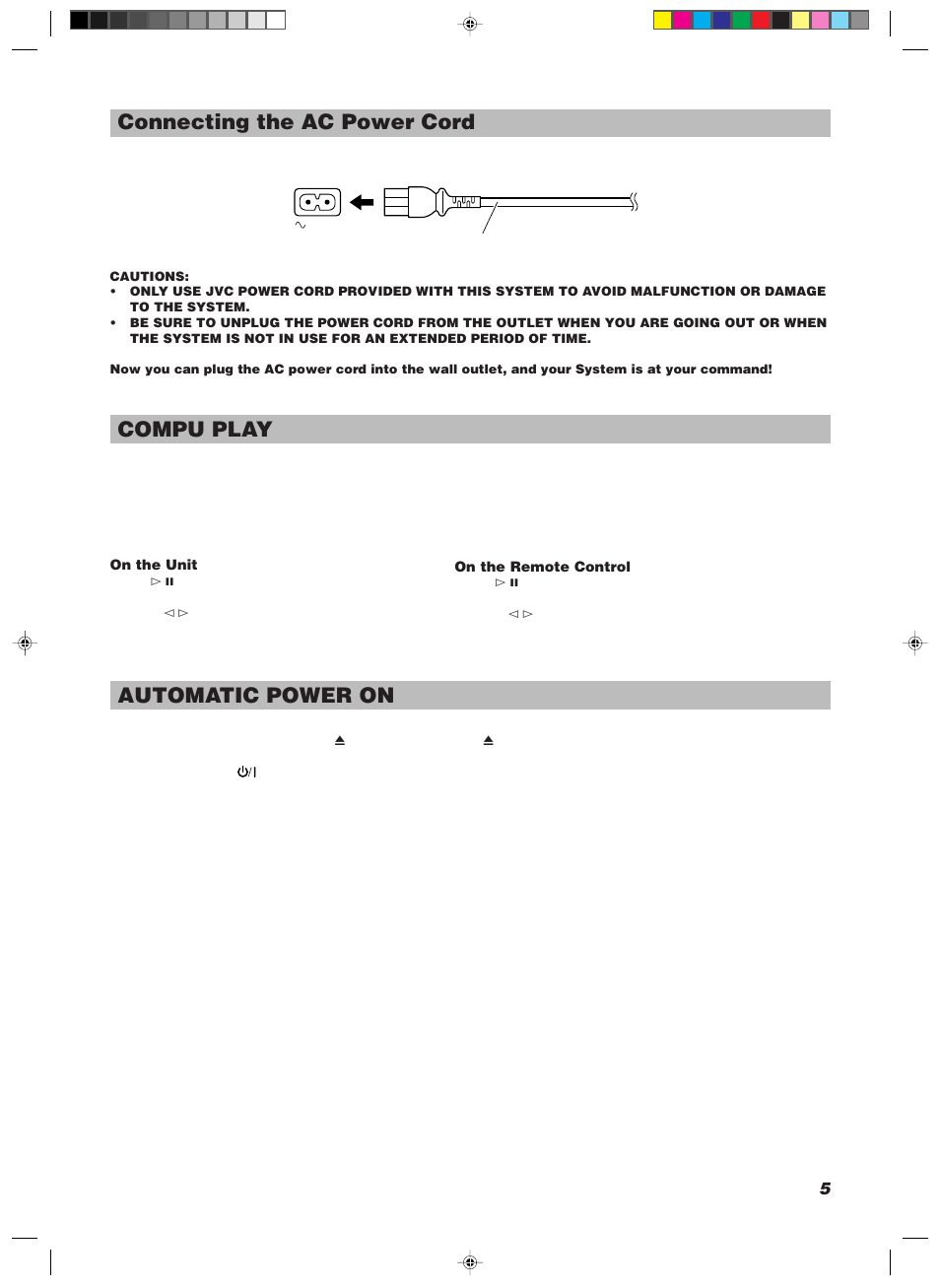 Connecting the ac power cord, Compu play, Automatic power on | JVC SP-UXV100 User Manual | Page 9 / 27