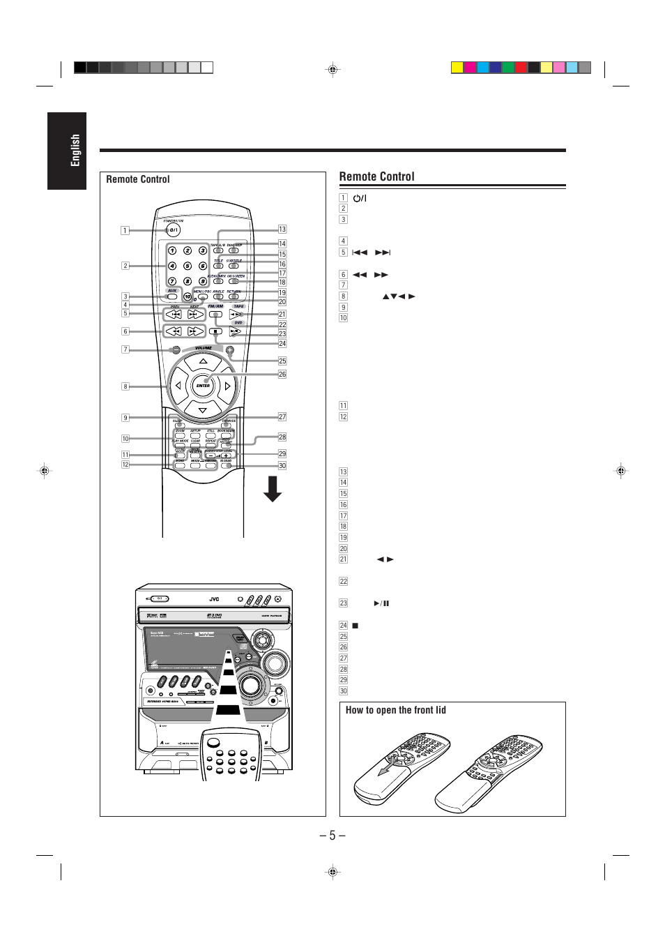 English, Remote control, Standby/on standby | How to open the front lid | JVC CA-MXDVA5 User Manual | Page 10 / 60