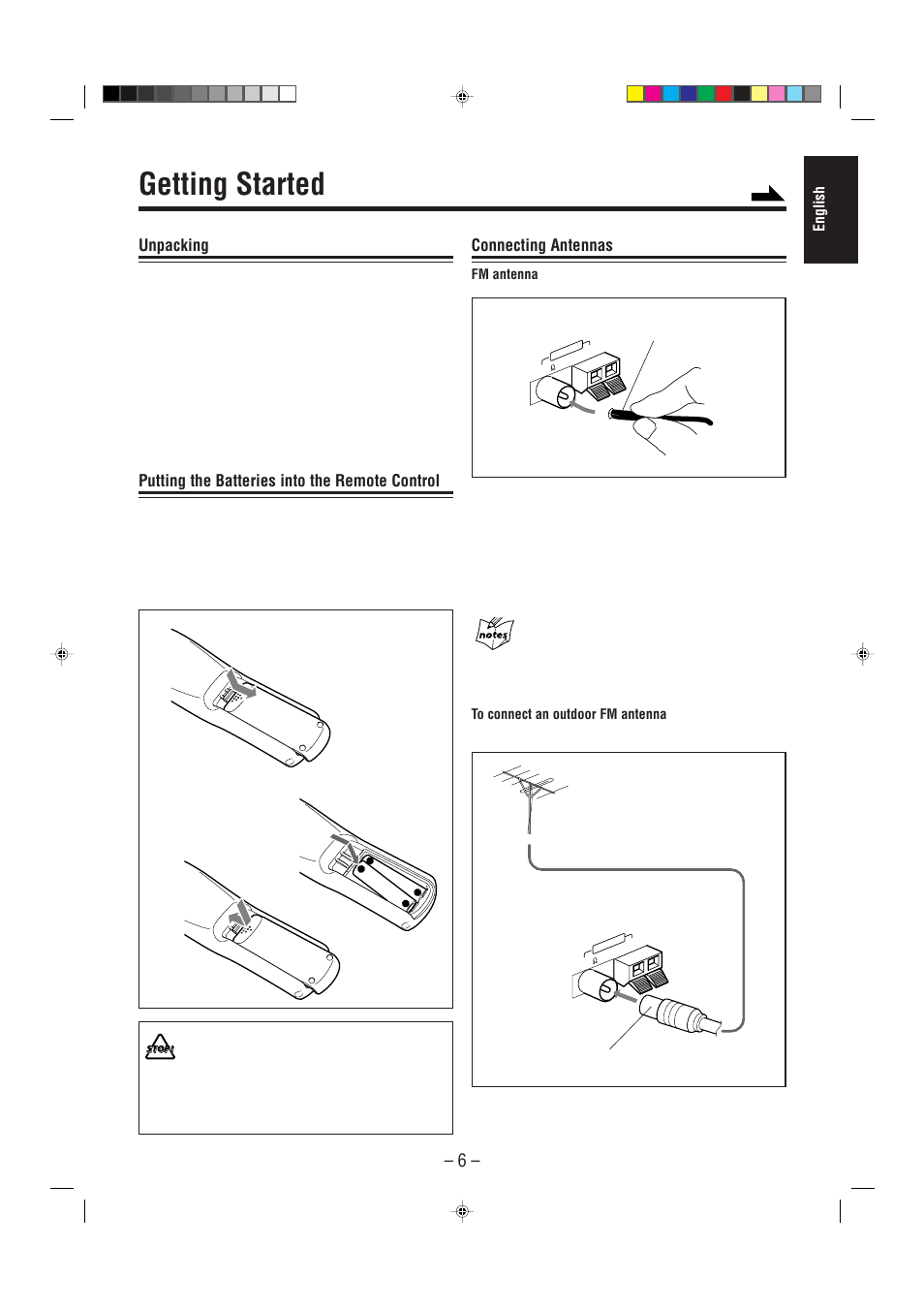 Getting started, Unpacking, Putting the batteries into the remote control | Connecting antennas | JVC CA-MXDVA5 User Manual | Page 11 / 60