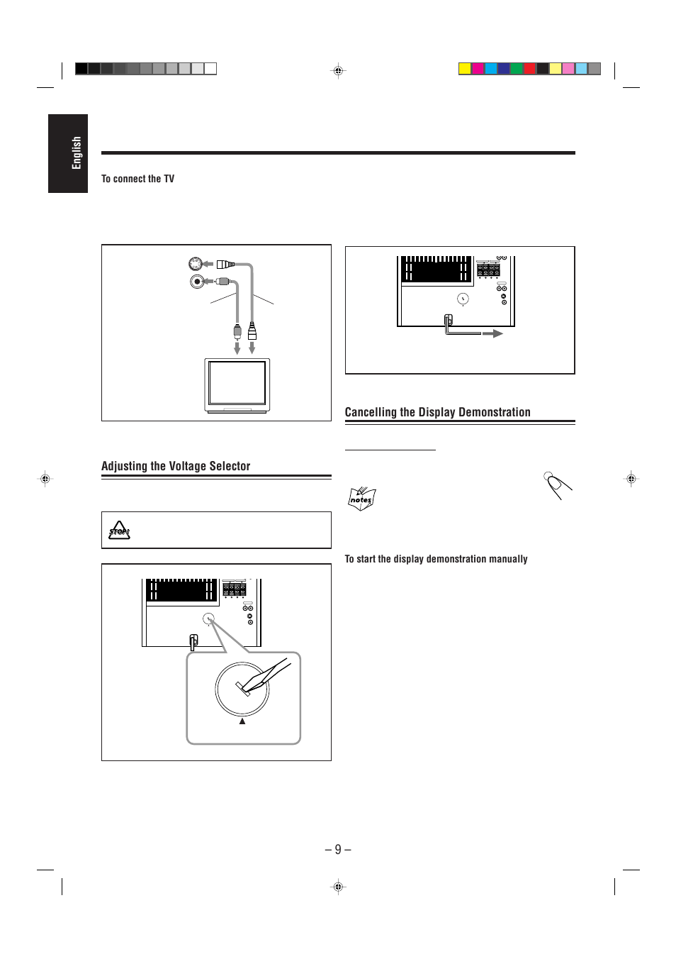 Cancelling the display demonstration, Adjusting the voltage selector, English | On the unit only, Press and hold demo again for more than 2 seconds, Voltage setting | JVC CA-MXDVA5 User Manual | Page 14 / 60