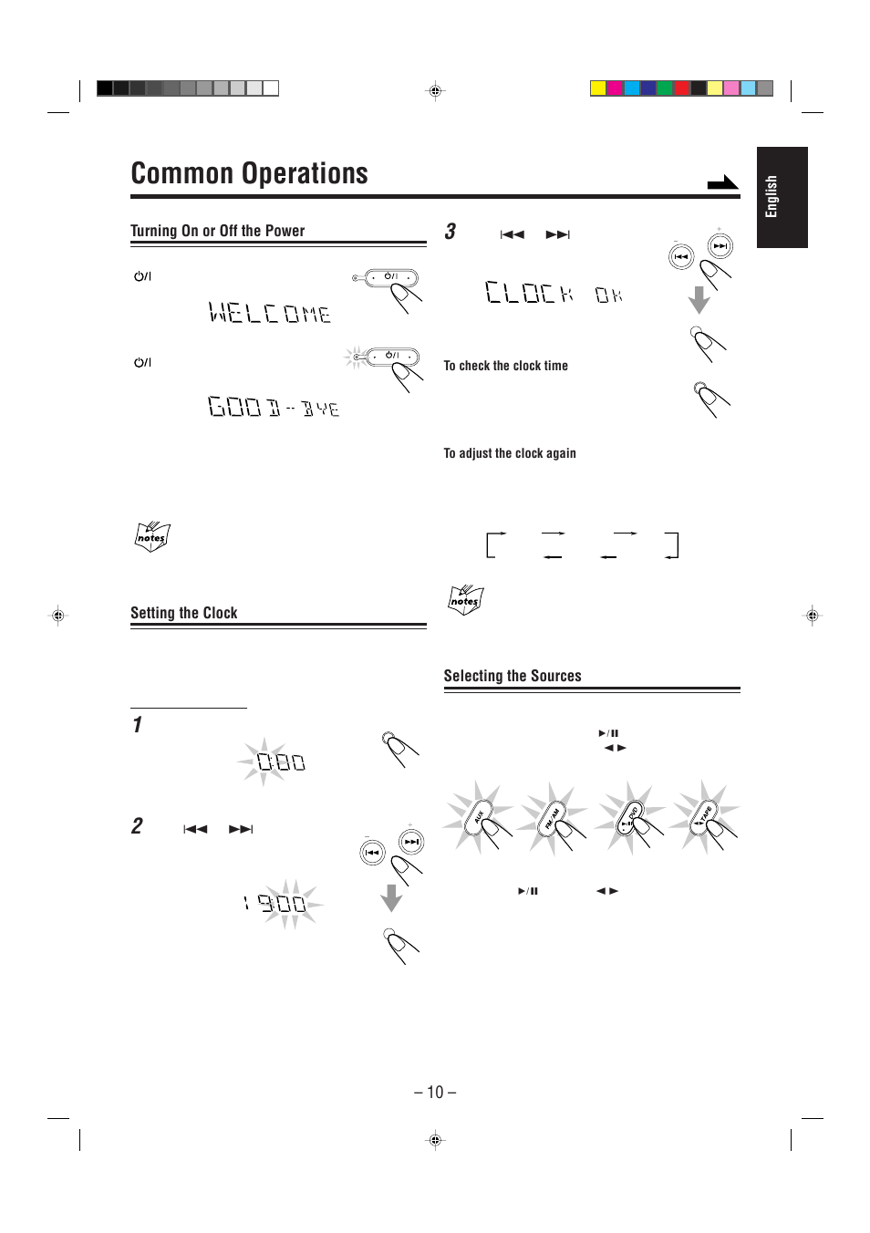 Common operations, Turning on or off the power, Setting the clock | Selecting the sources | JVC CA-MXDVA5 User Manual | Page 15 / 60