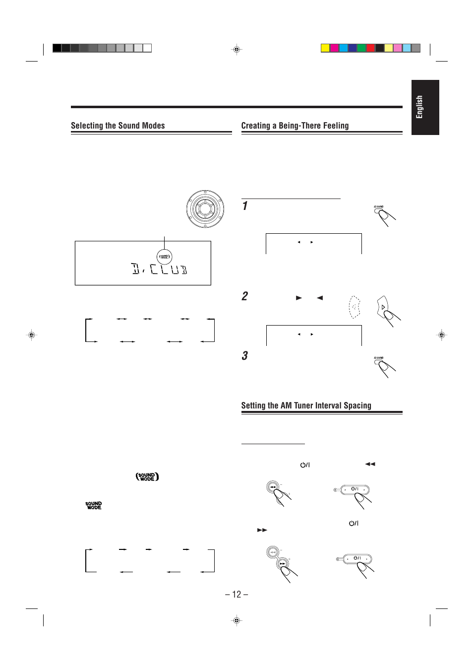 Selecting the sound modes, Creating a being-there feeling, Setting the am tuner interval spacing | JVC CA-MXDVA5 User Manual | Page 17 / 60