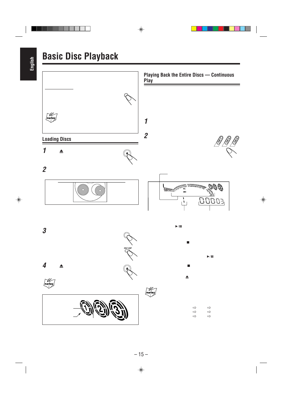 Basic disc playback, Loading discs, Playing back the entire discs — continuous play | JVC CA-MXDVA5 User Manual | Page 20 / 60