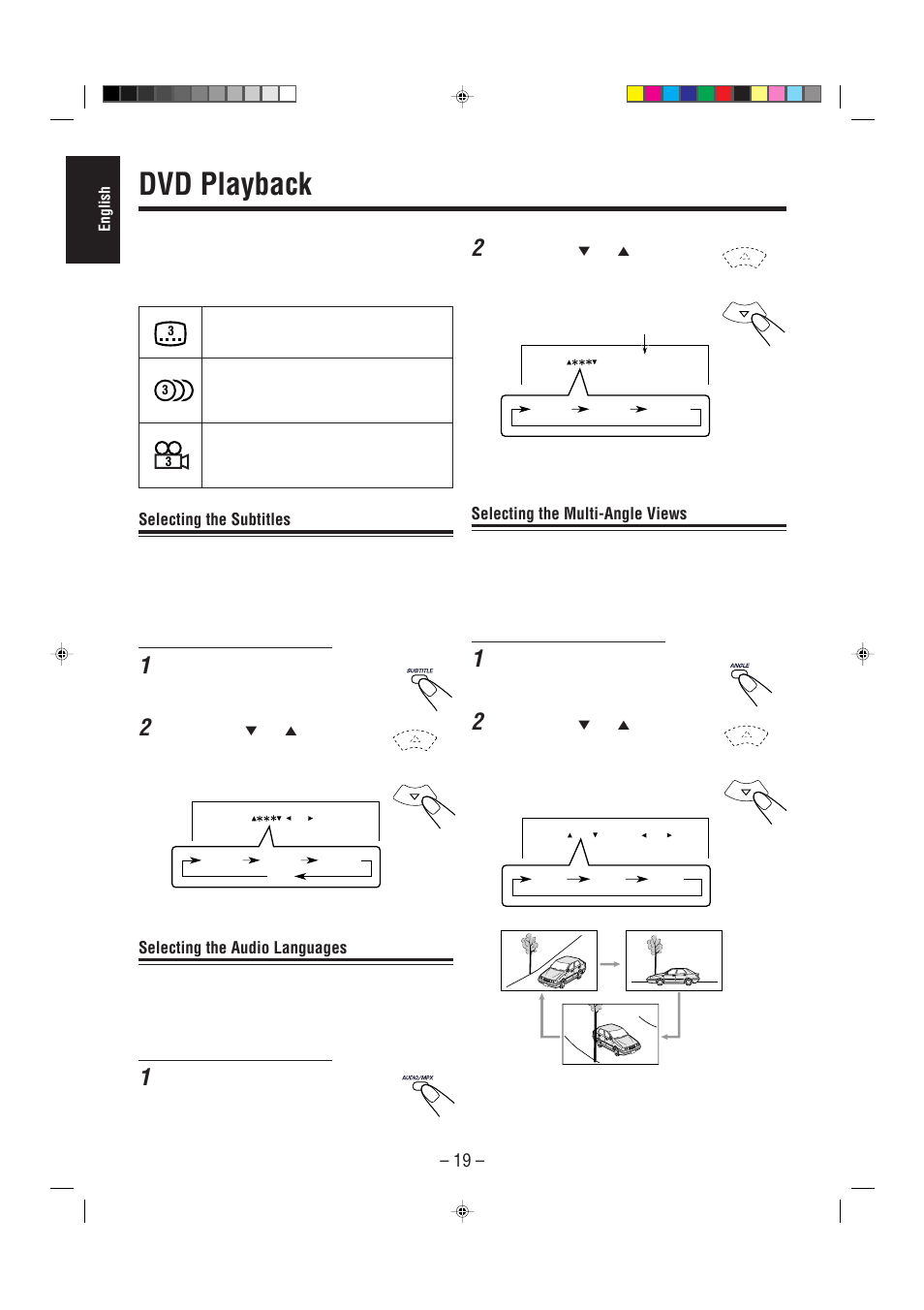 Dvd playback, Selecting the subtitles, Selecting the audio languages | Selecting the multi-angle views | JVC CA-MXDVA5 User Manual | Page 24 / 60