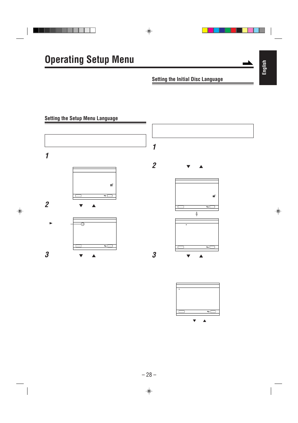 Operating setup menu, Setting the setup menu language, Setting the initial disc language | English, Press setup | JVC CA-MXDVA5 User Manual | Page 33 / 60