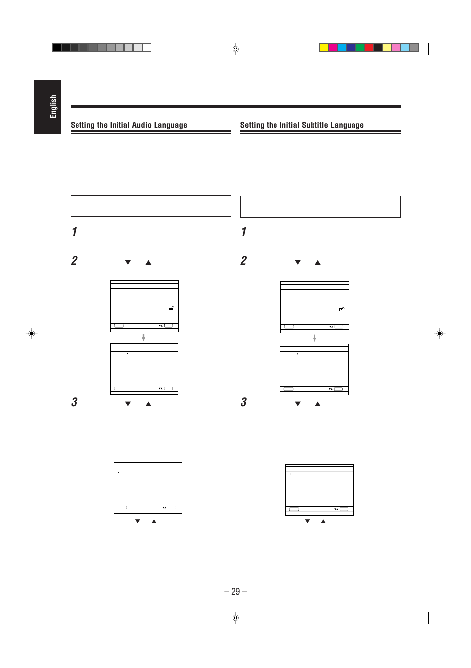 Setting the initial audio language, Setting the initial subtitle language, English | Press setup | JVC CA-MXDVA5 User Manual | Page 34 / 60