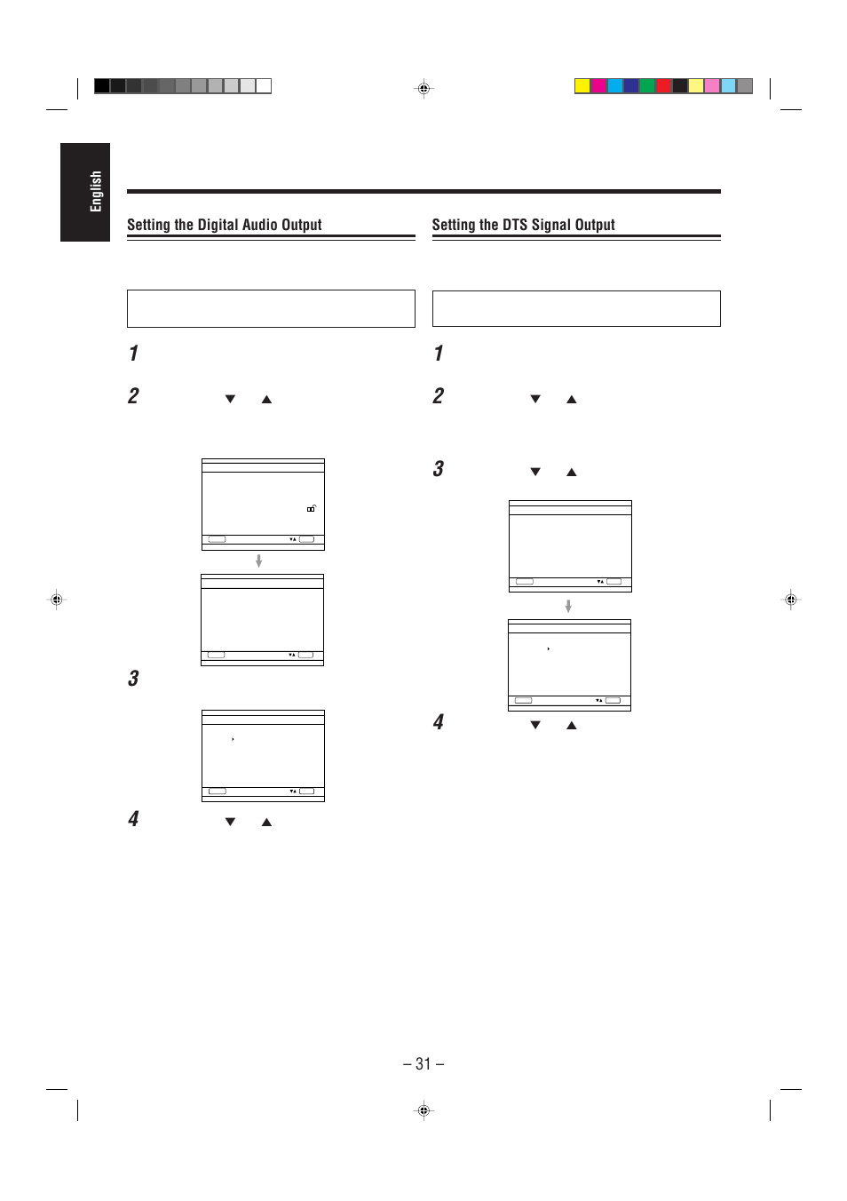 Setting the digital audio output, Setting the dts signal output | JVC CA-MXDVA5 User Manual | Page 36 / 60