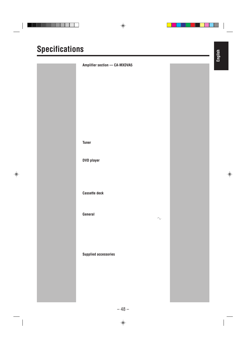 Specifications, English | JVC CA-MXDVA5 User Manual | Page 53 / 60