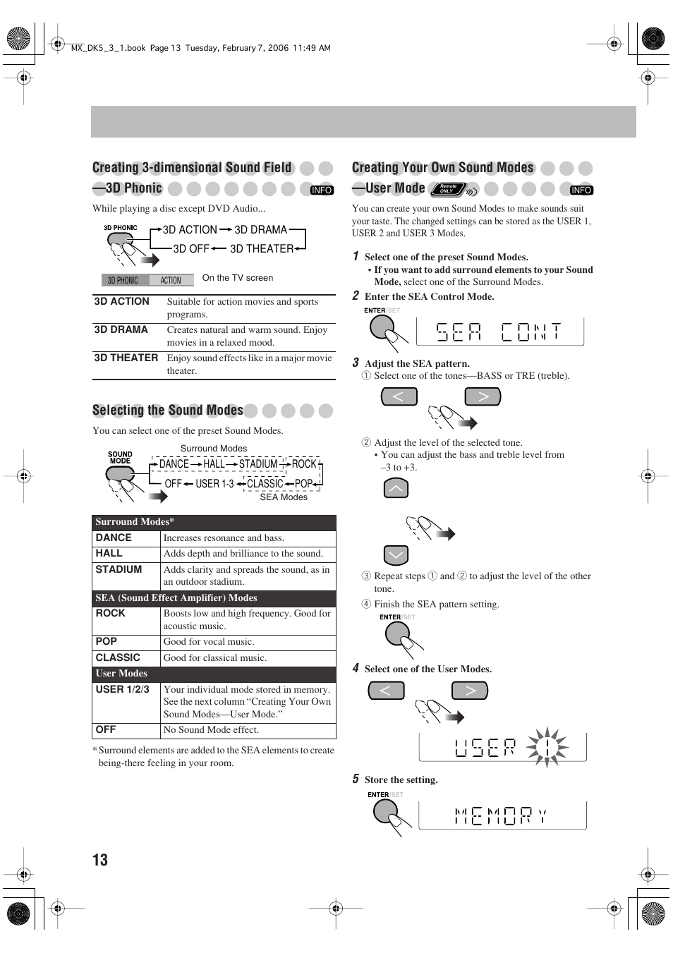 Creating 3-dimensional sound field —3d phonic, Selecting the sound modes, Creating your own sound modes —user mode | JVC CA-MXDK1 User Manual | Page 16 / 48