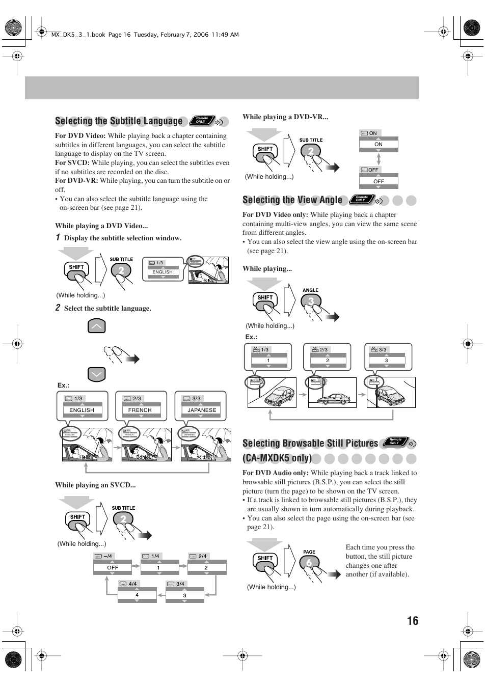 Selecting the subtitle language, Selecting the view angle, Selecting browsable still pictures (ca-mxdk5 only) | JVC CA-MXDK1 User Manual | Page 19 / 48