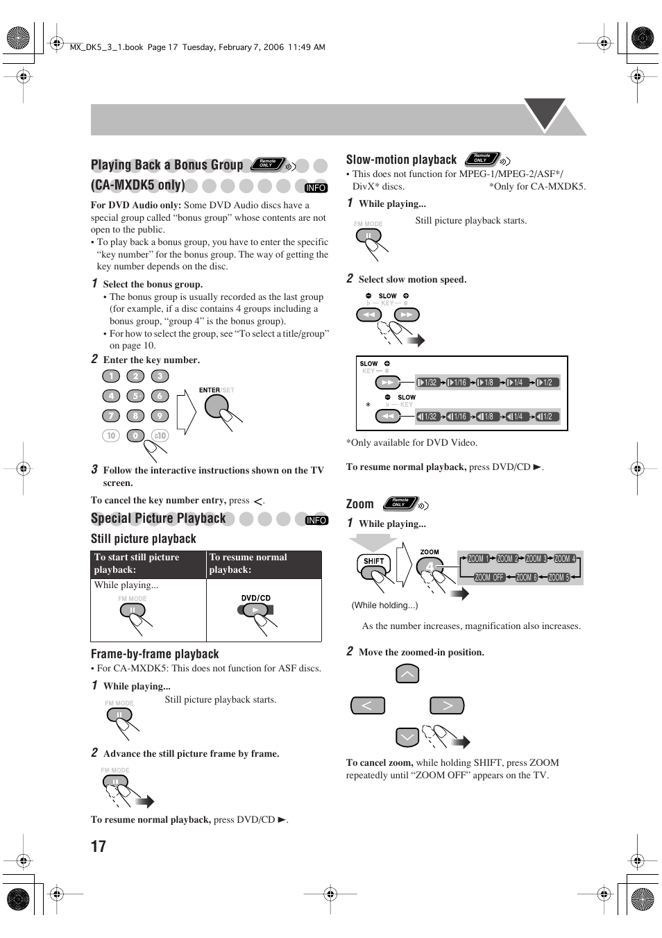 Playing back a bonus group (ca-mxdk5 only), Special picture playback | JVC CA-MXDK1 User Manual | Page 20 / 48