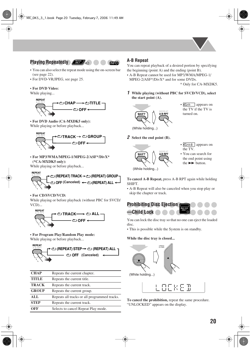 Playing repeatedly, Prohibiting disc ejection —child lock | JVC CA-MXDK1 User Manual | Page 23 / 48