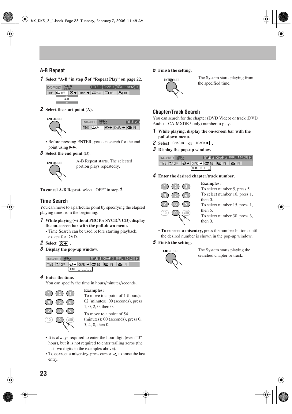 A-b repeat 1, Time search, Chapter/track search | JVC CA-MXDK1 User Manual | Page 26 / 48