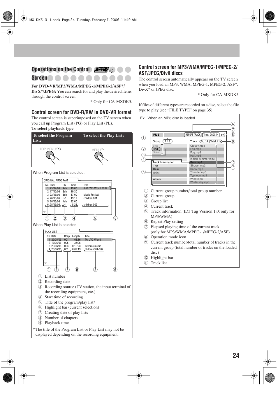 Operations on the, Control screen, Control screen for dvd-r/rw in dvd-vr format | JVC CA-MXDK1 User Manual | Page 27 / 48