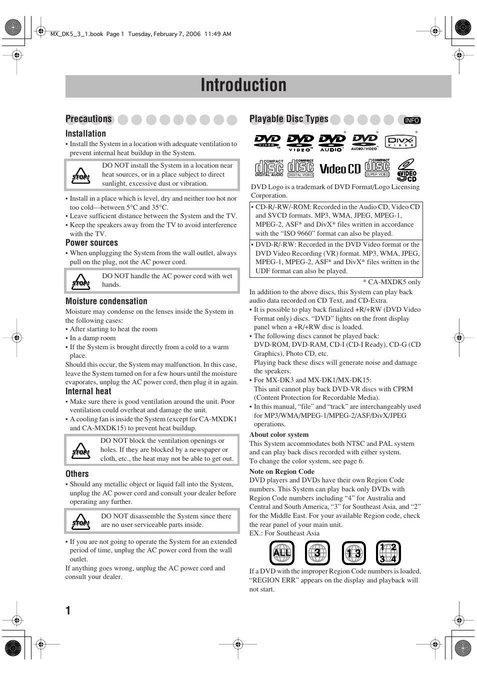 Introduction, Precautions, Playable disc types | JVC CA-MXDK1 User Manual | Page 4 / 48