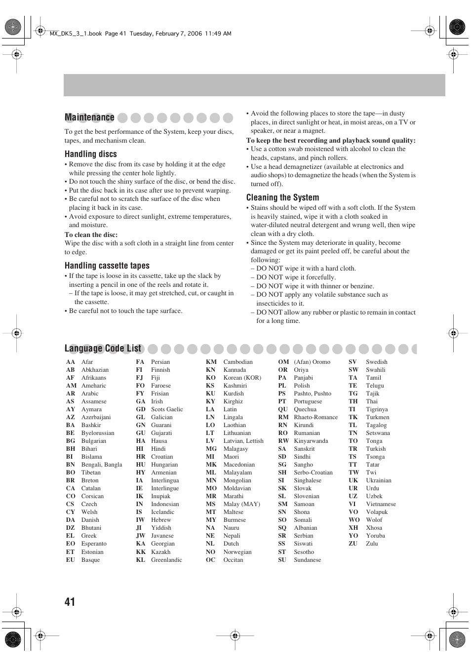 Maintenance, Language code list, Handling discs | Handling cassette tapes, Cleaning the system | JVC CA-MXDK1 User Manual | Page 44 / 48