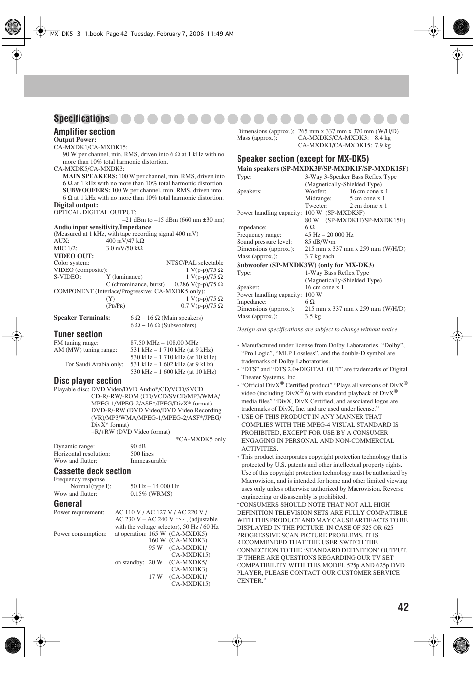 Specifications, General | JVC CA-MXDK1 User Manual | Page 45 / 48