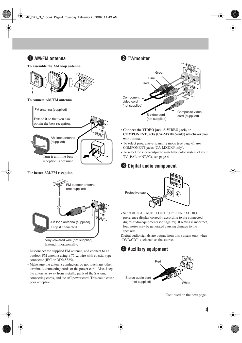 Am/fm antenna, Tv/monitor, Digital audio component | Auxiliary equipment | JVC CA-MXDK1 User Manual | Page 7 / 48
