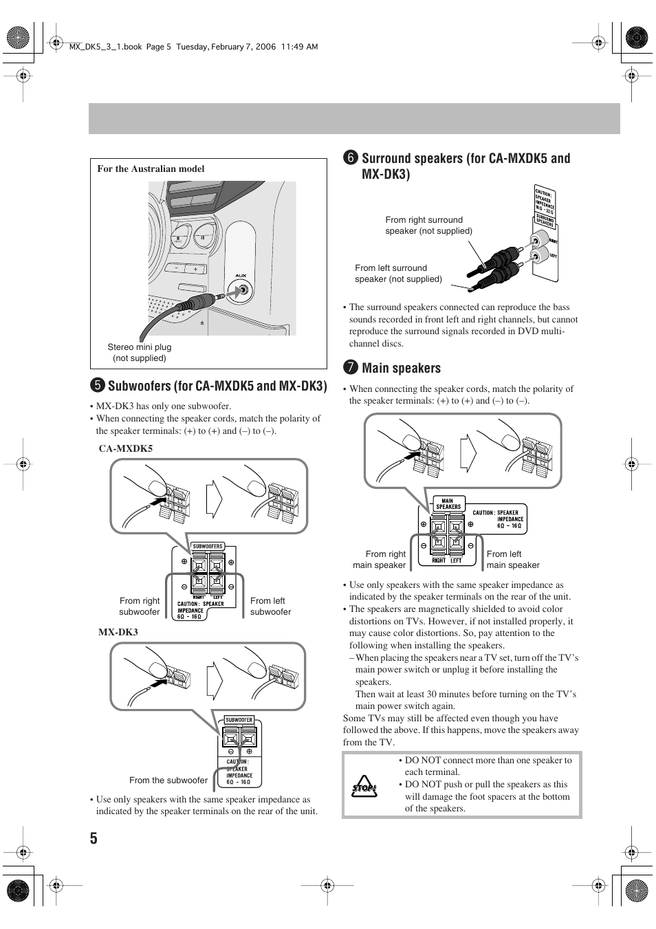 Subwoofers (for ca-mxdk5 and mx-dk3), Surround speakers (for ca-mxdk5 and mx-dk3), Main speakers | JVC CA-MXDK1 User Manual | Page 8 / 48