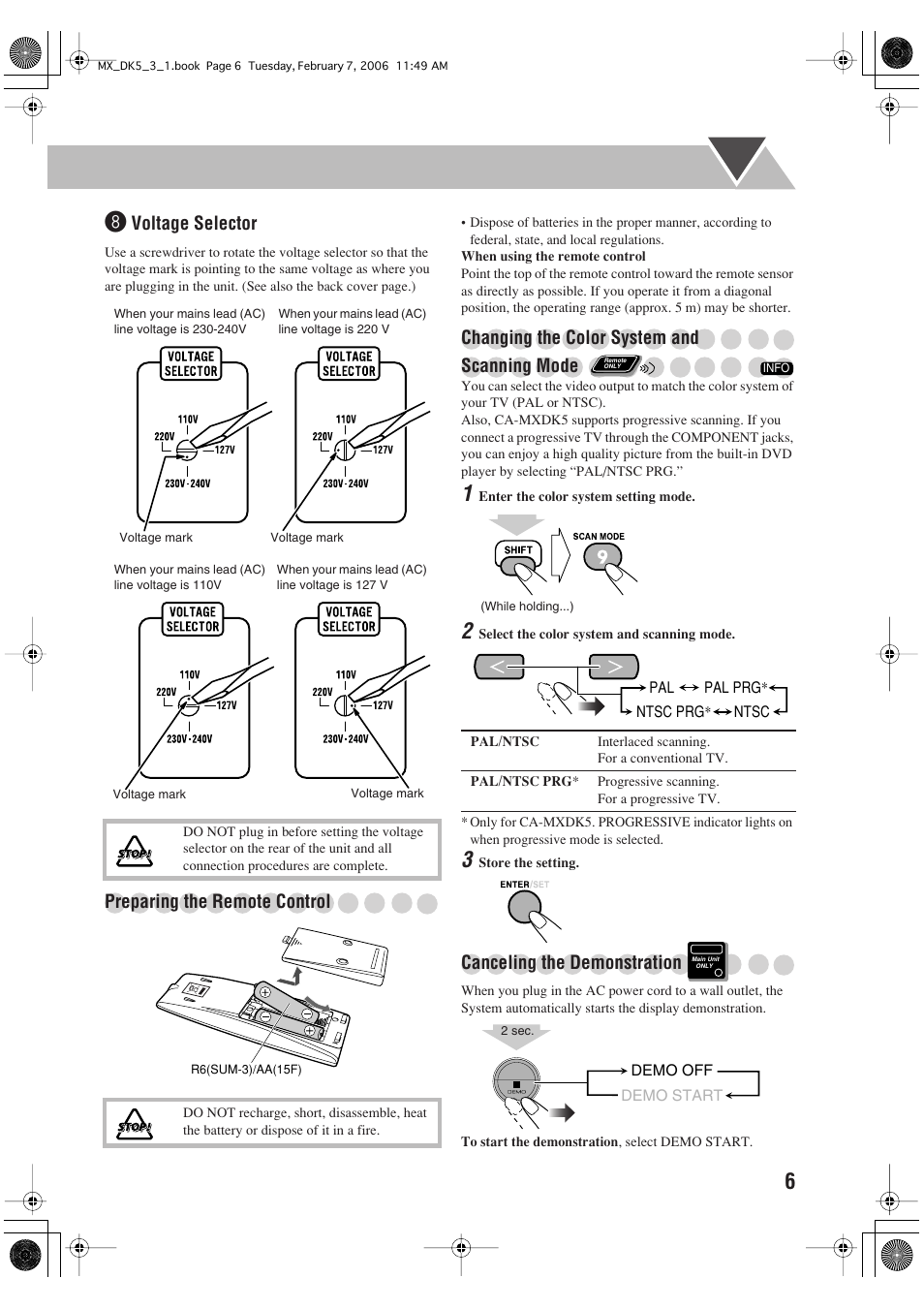 Voltage selector, Preparing the remote control, Changing the color system and scanning mode | Canceling the demonstration | JVC CA-MXDK1 User Manual | Page 9 / 48