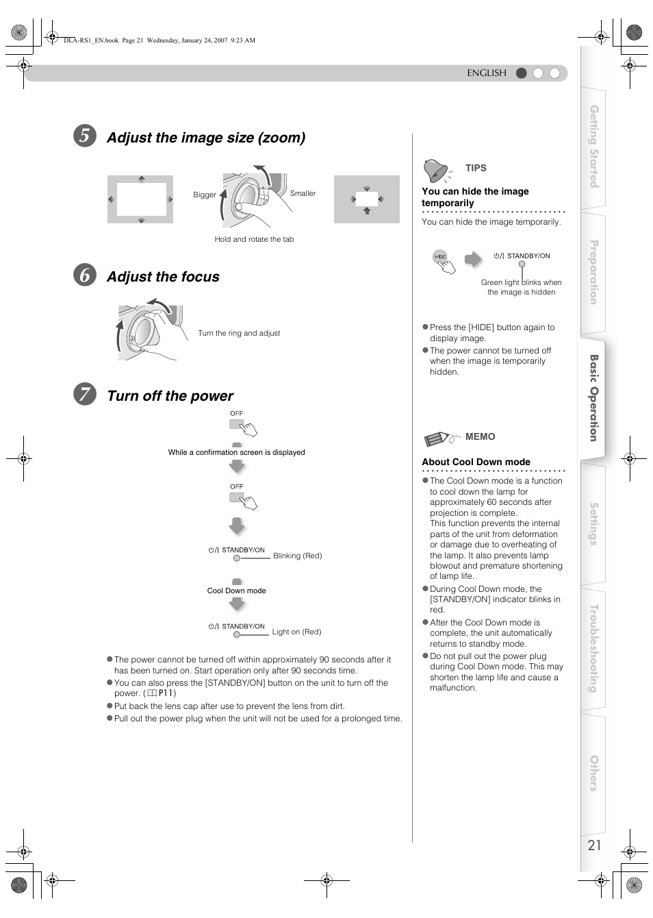 P21), Orarily (p, Mode (p | Adjust the image size (zoom), Adjust the focus, Turn off the power | JVC DLA-RS1 User Manual | Page 21 / 50