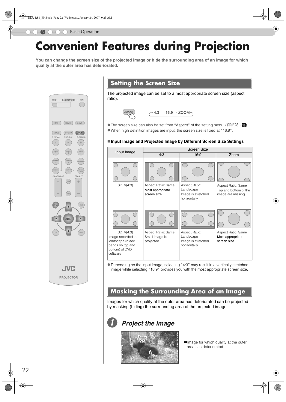 Convenient features during projection, P22), Project the image | Setting the screen size, Masking the surrounding area of an image | JVC DLA-RS1 User Manual | Page 22 / 50