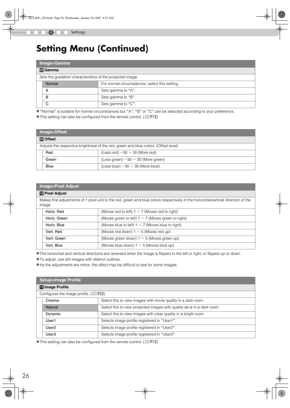 Pp26, Setting menu (continued) | JVC DLA-RS1 User Manual | Page 26 / 50