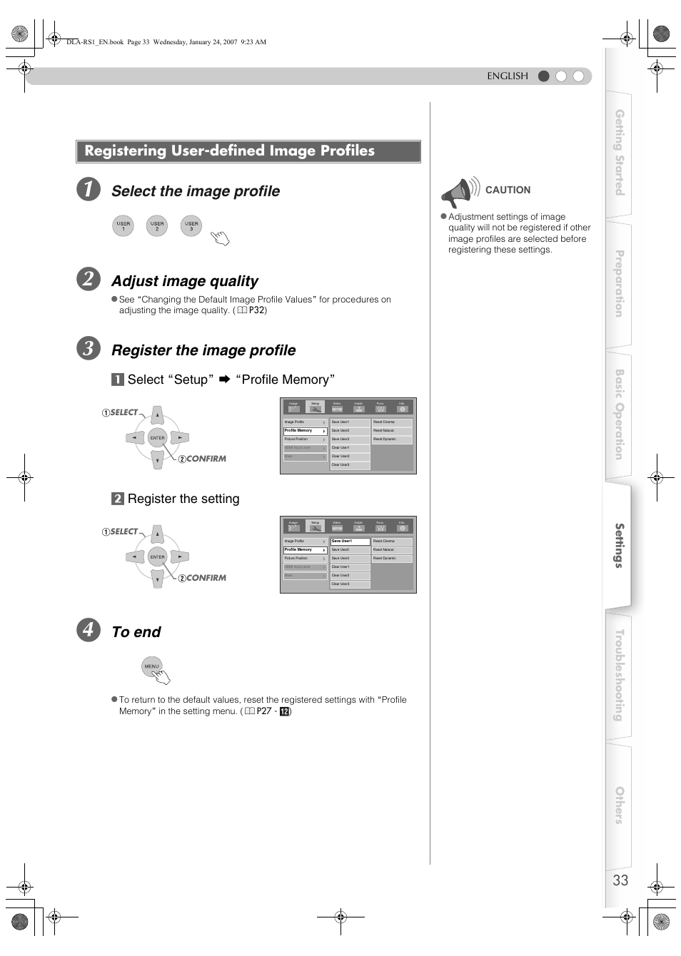 Registering user-defined image profiles, Select the image profile, Adjust image quality | Register the image profile | JVC DLA-RS1 User Manual | Page 33 / 50