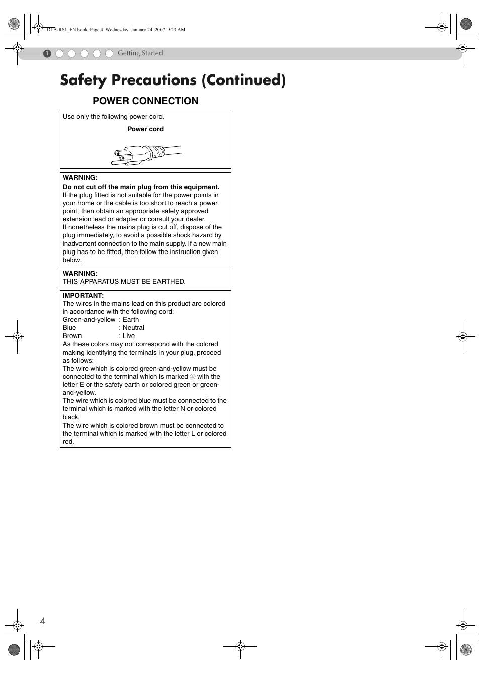 Safety precautions (continued), Power connection | JVC DLA-RS1 User Manual | Page 4 / 50