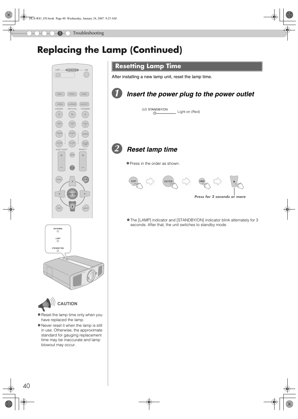 Resetting lamp time, F40), Replacing the lamp (continued) | Insert the power plug to the power outlet, Reset lamp time | JVC DLA-RS1 User Manual | Page 40 / 50